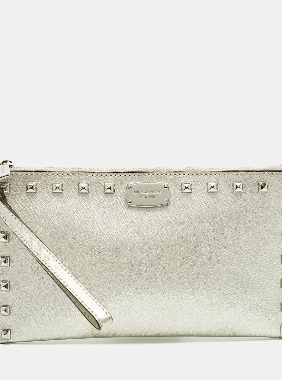 MICHAEL Michael Kors Silver Saffiano Leather Studded Flat Wristlet Pouch