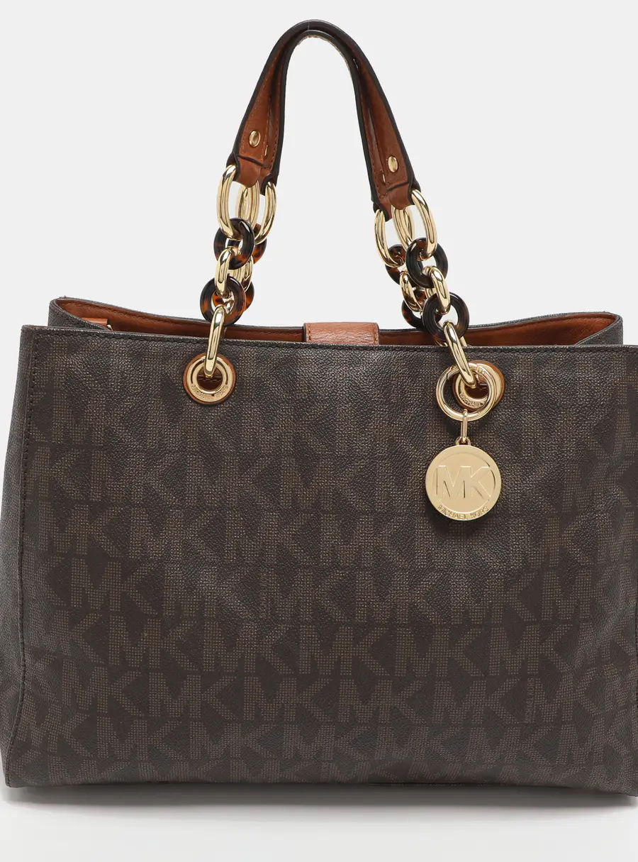 MICHAEL Michael Kors Cynthia Large Dark Brown Signature Coated Canvas Tote
