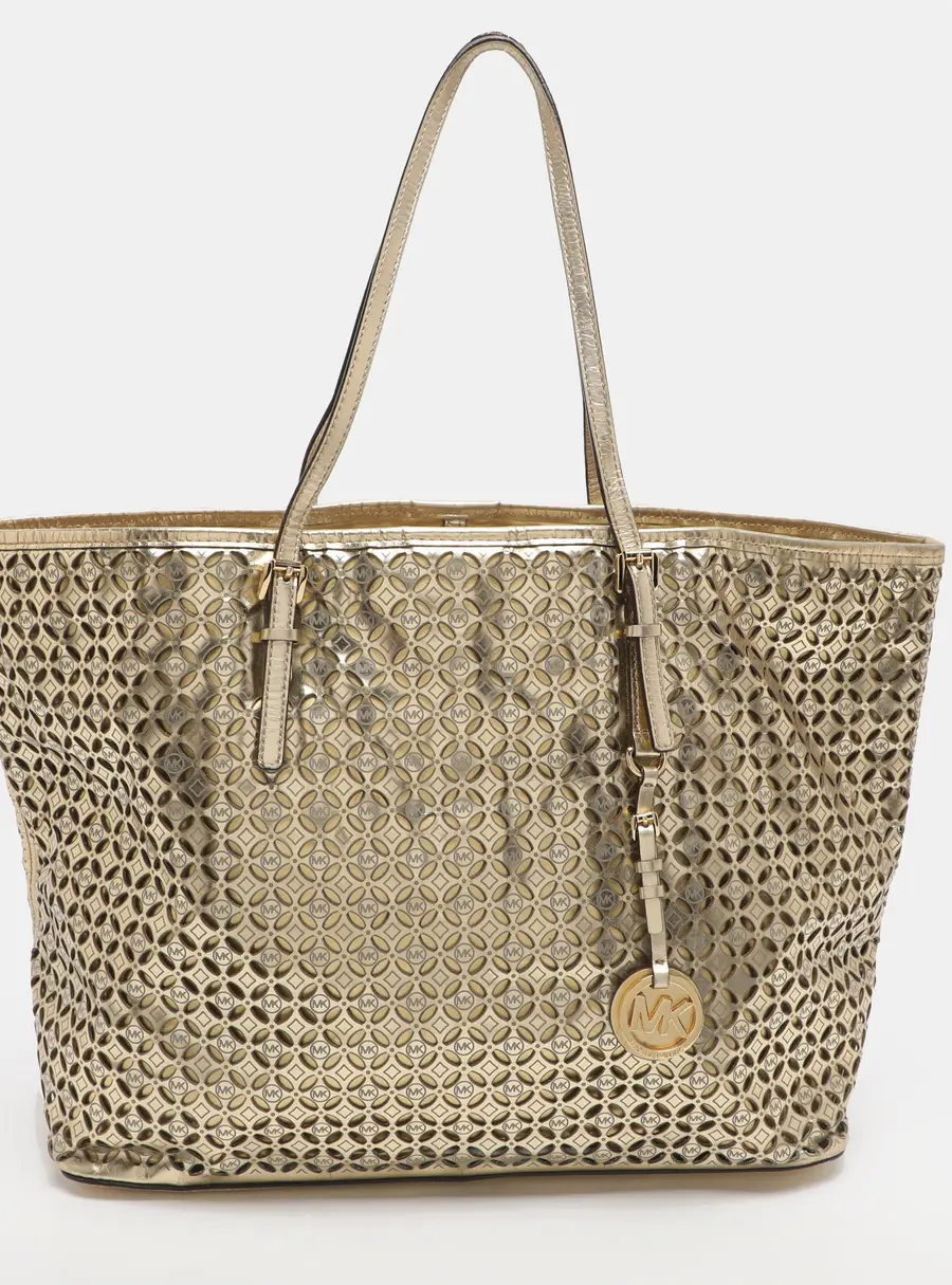 Michael Michael Kors Jet Set Travel Large Metallic Gold Laser Cut Leather Tote