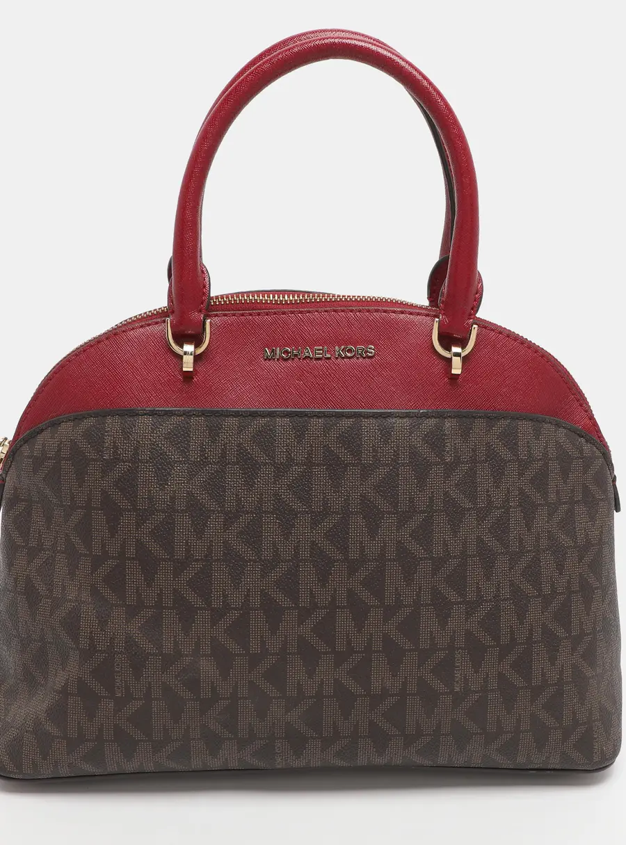 Michael Michael Kors Emmy Red/Brown Signature Coated Canvas and Leather Dome Satchel