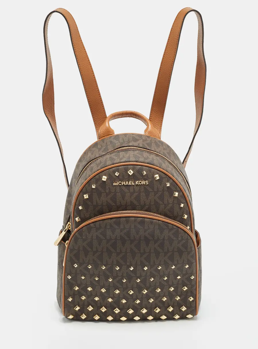 MICHAEL Michael Kors Abbey Studded Brown Signature Coated Canvas Backpack