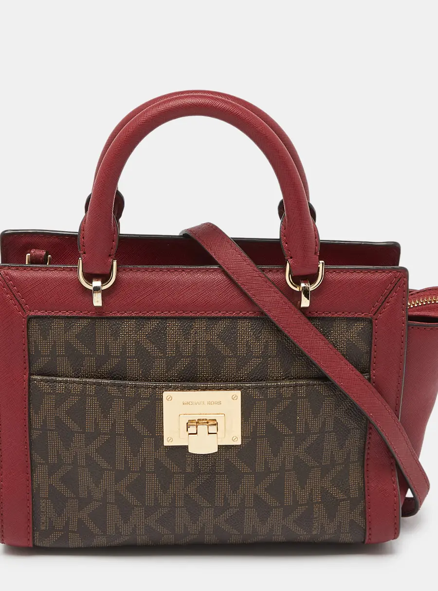 MICHAEL Michael Kors Brown/Red Signature Coated Canvas and Leather Tina Tote