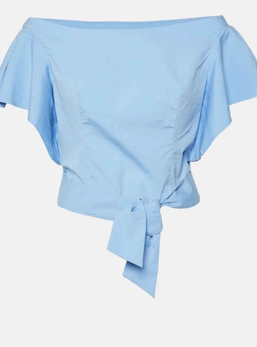 Milly Blue Cotton Off-Shoulder Tie-Up Waist Detail Top S