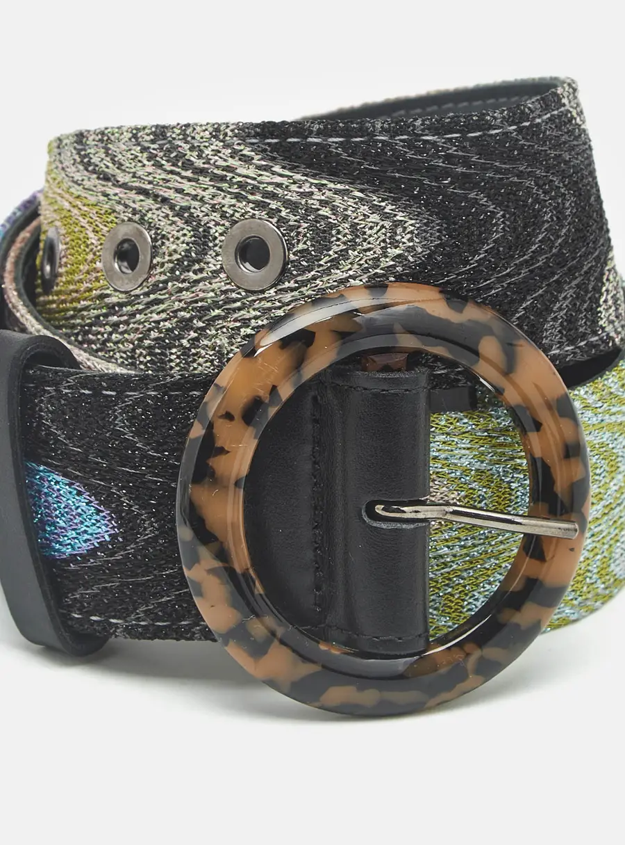 Missoni Wave Pattern M Round Buckle Belt Multicolor Lurex Fabric and Leather