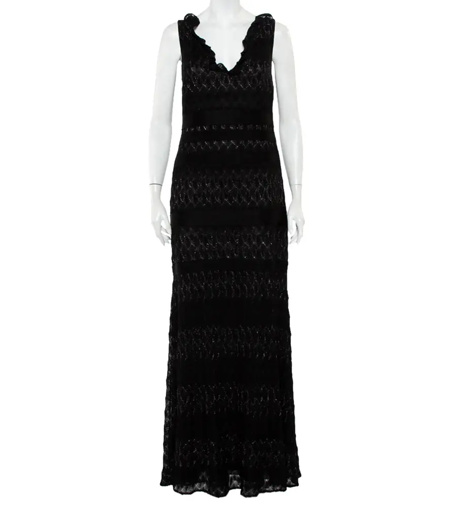 Missoni Black Lurex Knit Ruffled Neck Sleeveless Maxi Dress M