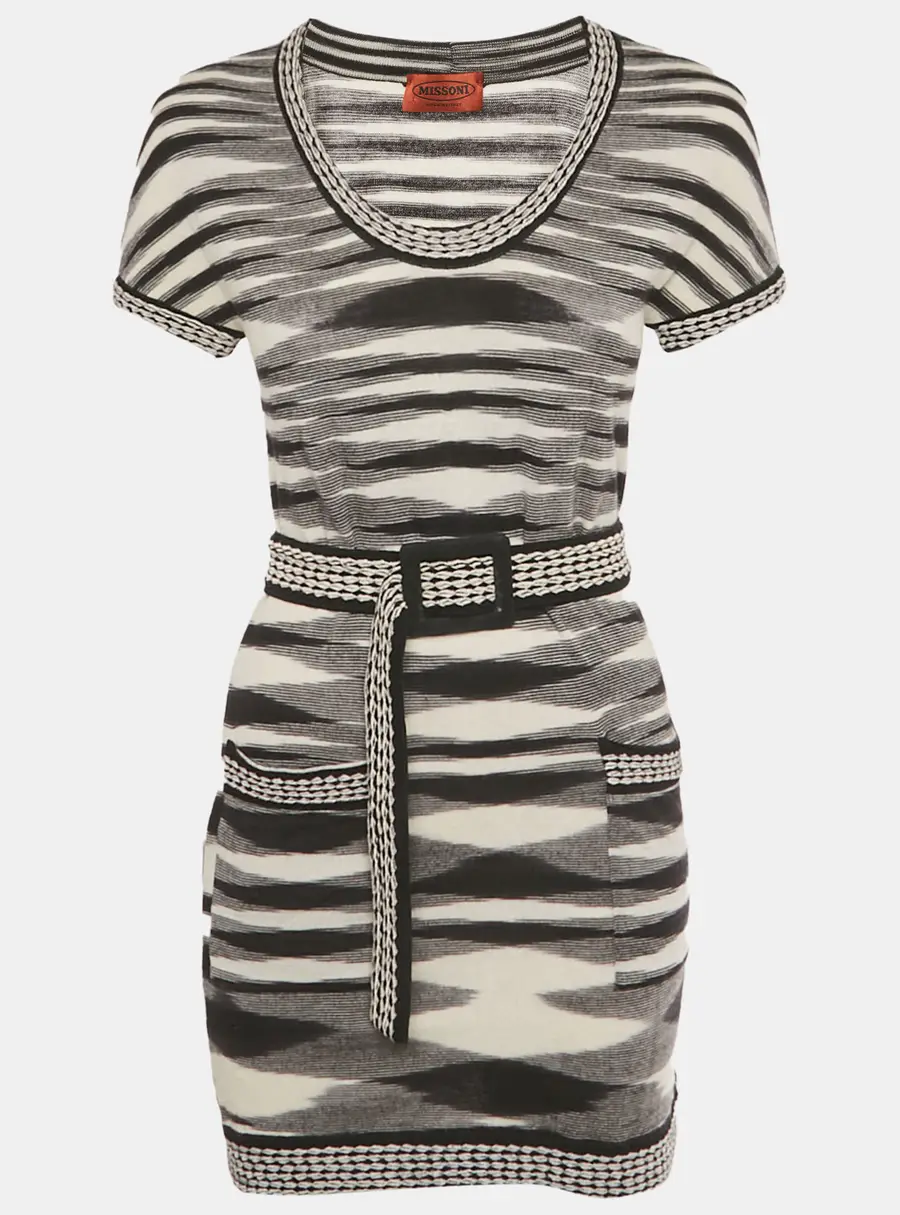 Missoni Black & White Patterned Wool Knit Belted Mini Dress S
