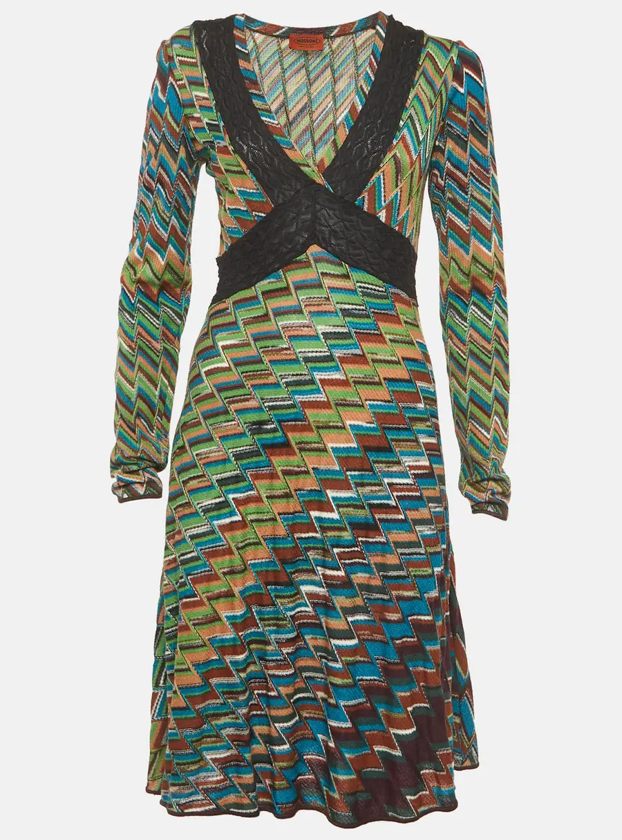 Missoni Multicolour Zig Zag Pattern Knit V Neck Mini Dress M