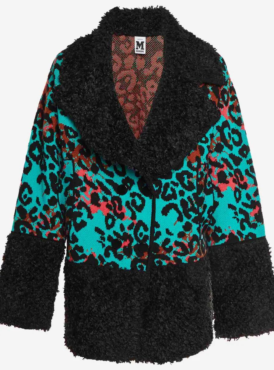 Missoni Green Leopard Pattern Jacquard Knit Double Breasted Coat M