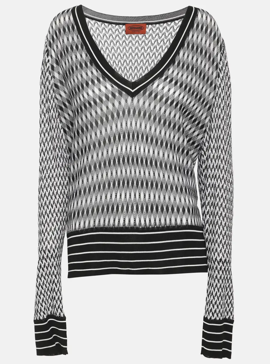 Missoni Black/White Diamond Patterned Knit V Neck Sweater L