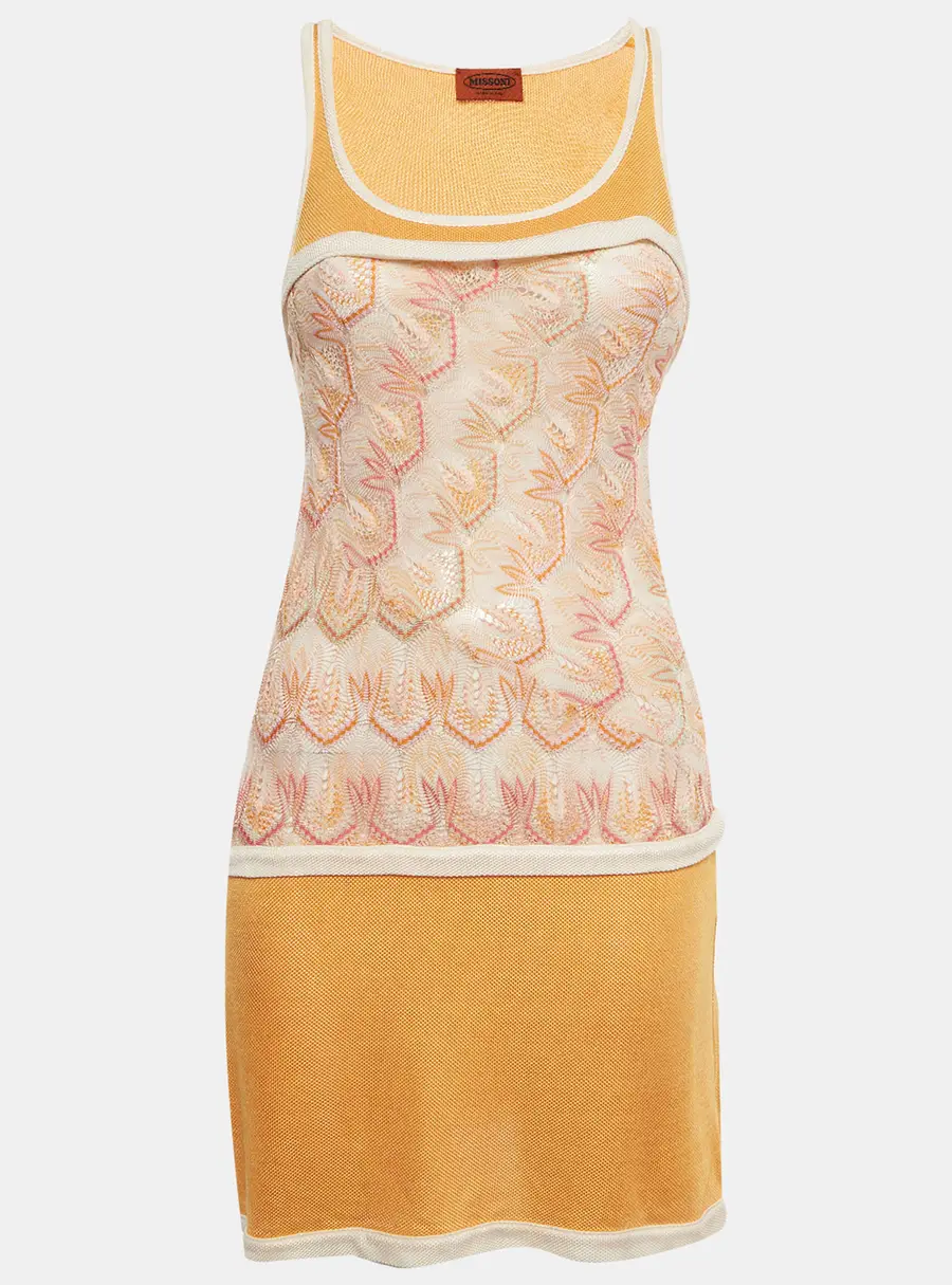 Missoni Orange Crochet Knit Sleeveless Tiered Mini Dress S