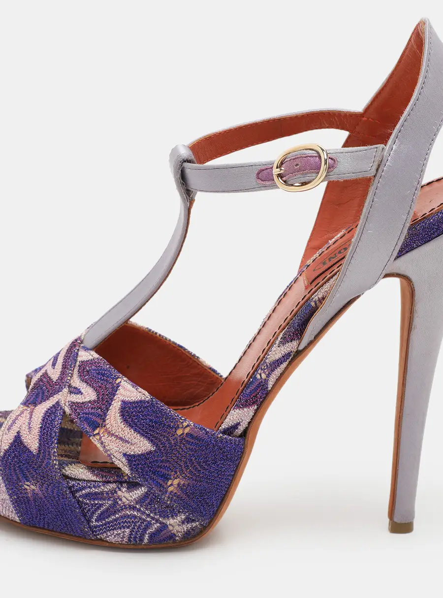 Missoni Grey/Purple Knit Fabric and Leather T-Strap Platform Sandals Size 40