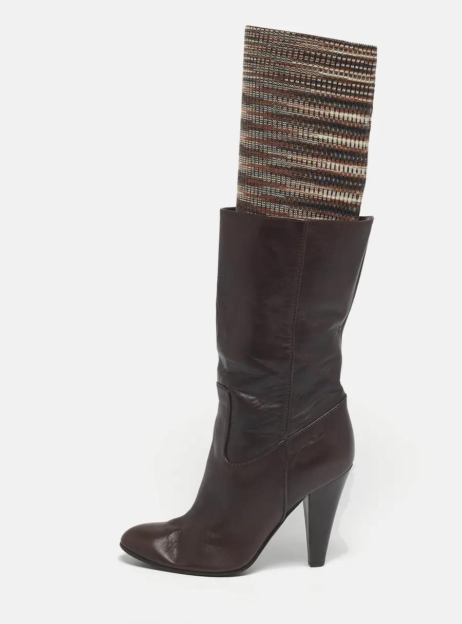 Missoni Brown Leather and Knit Fabric Knee High Boots Size 37.5