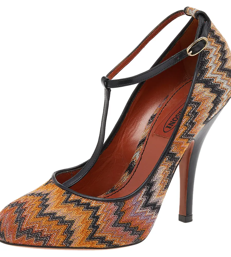 Missoni Black/Orange Fabric And Leather Ankle T-Strap Pumps Size 37.5