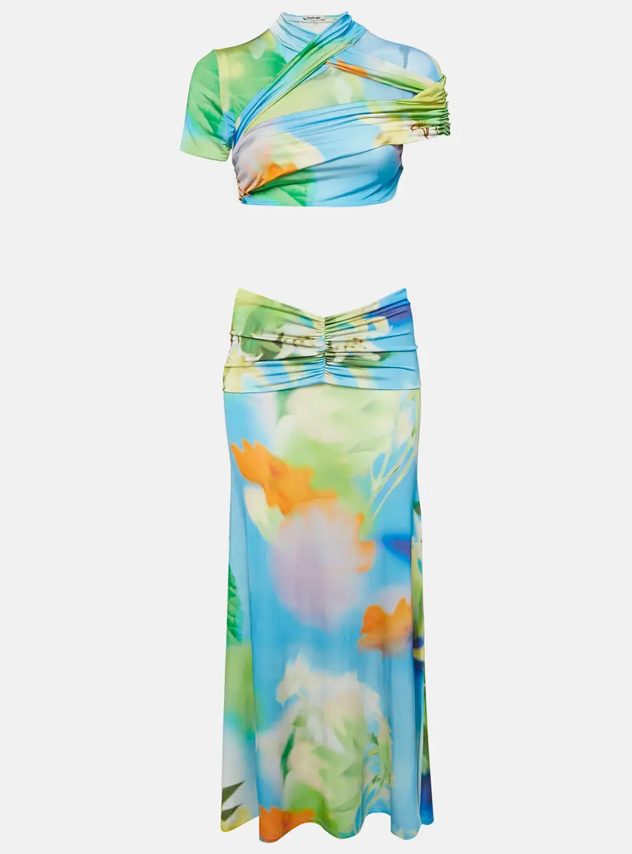 Mirae Green Jersey Tani Lilies Top and Skirt Set M