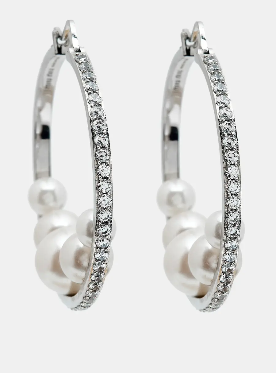 Miu Miu Faux Pearls Crystals Silver Tone Earrings