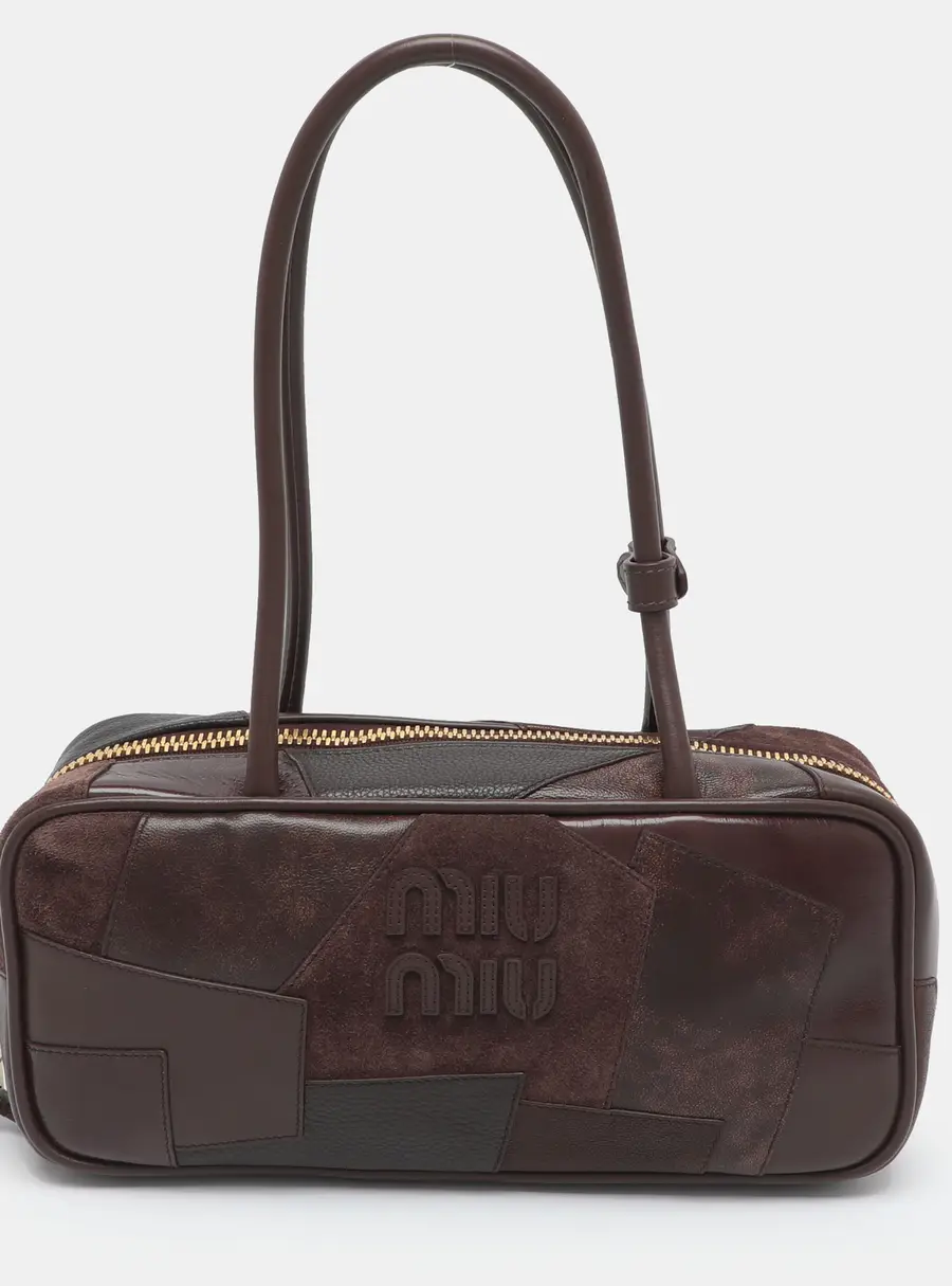 Miu Miu Beau Briarwood Leather and Suede Patchwork Satchel