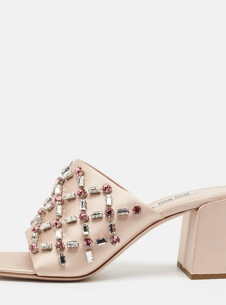 Miu Miu Size 41 Beige Satin Crystal Embellished Block Hee Slide Sandals