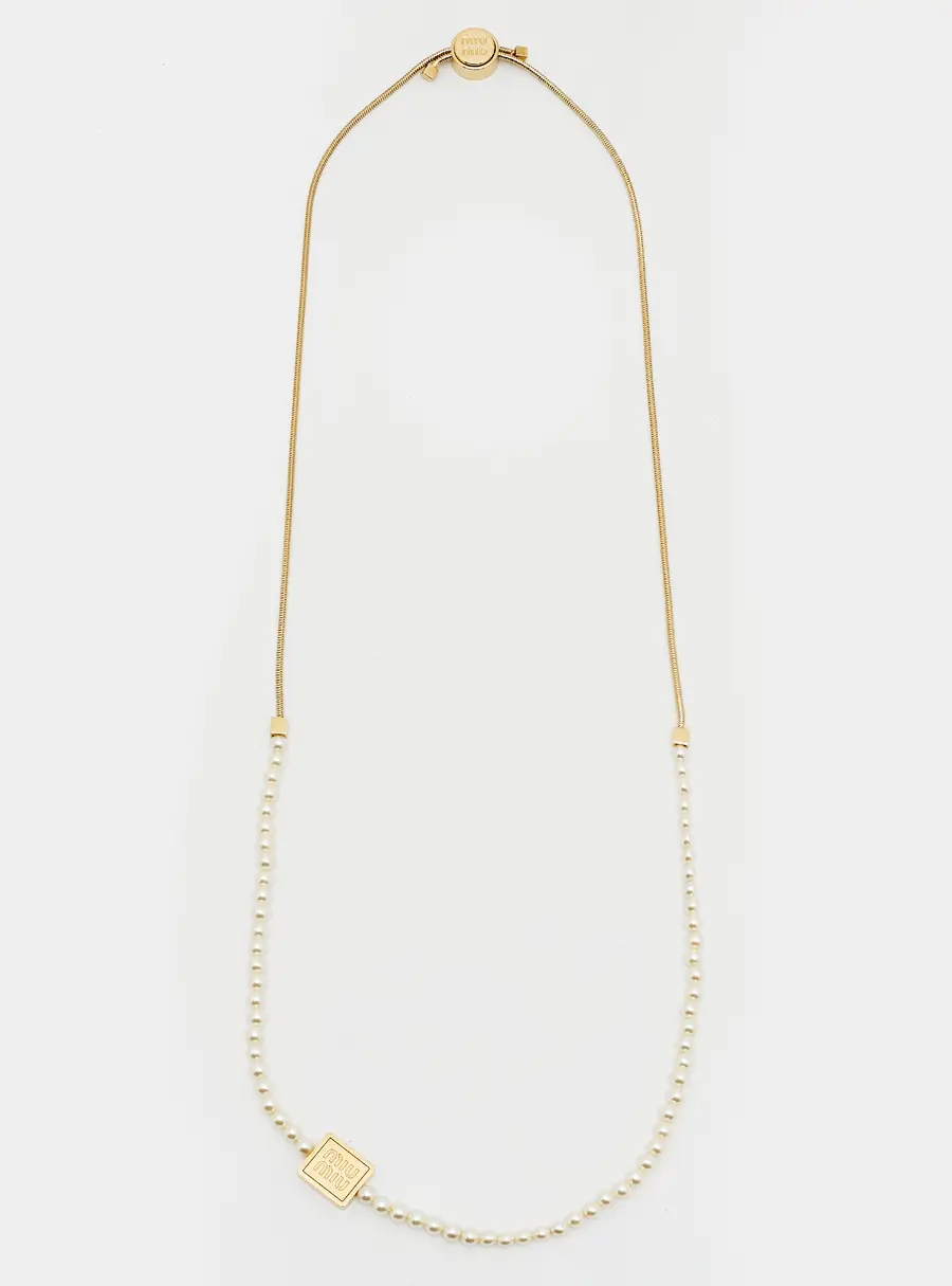Miu Miu Logo Faux Pearl Gold Tone Necklace