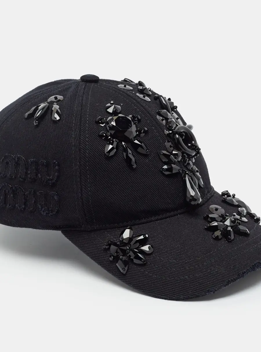 Miu Miu Black Embellished Denim Baseball Cap L
