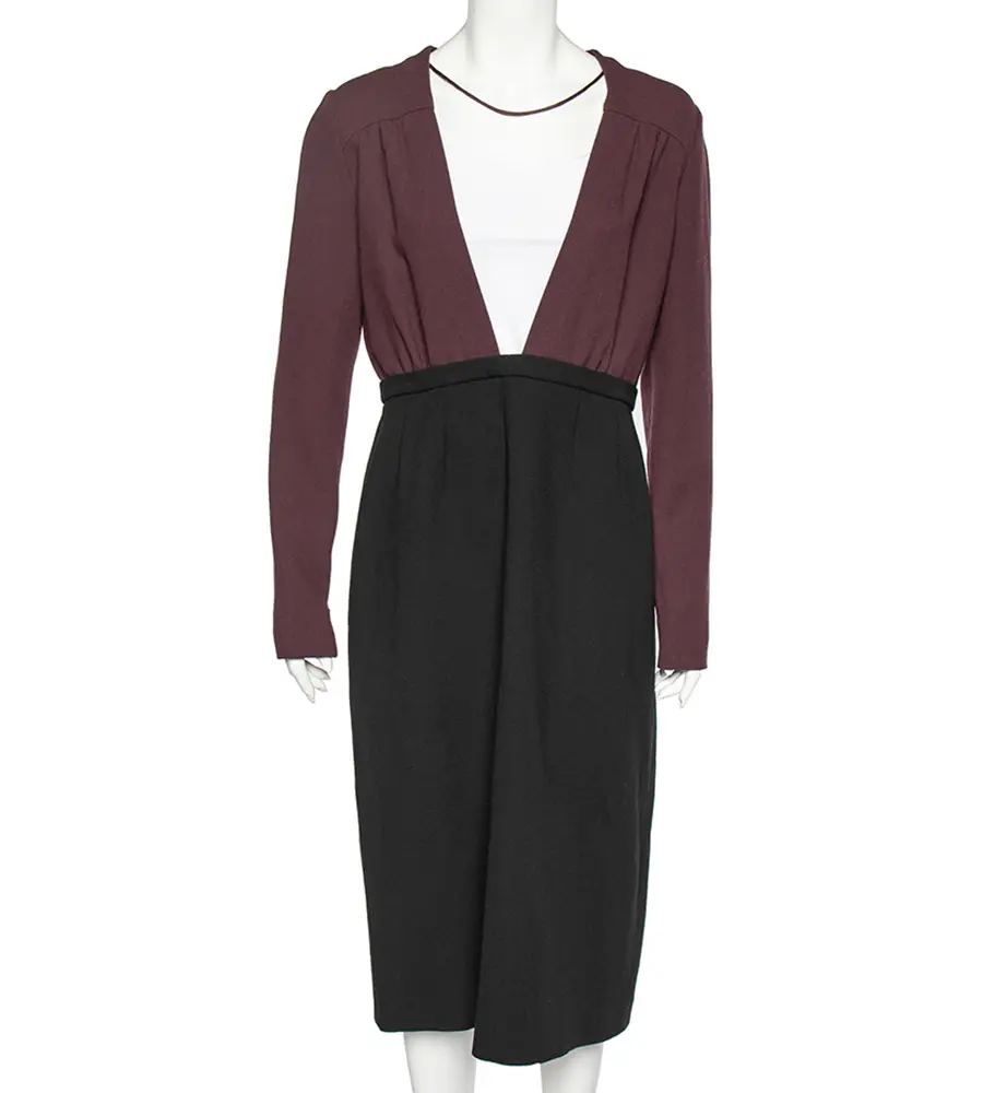 Miu Miu Black-Burgundy Textured Wool Plunge Neck Midi Dress L