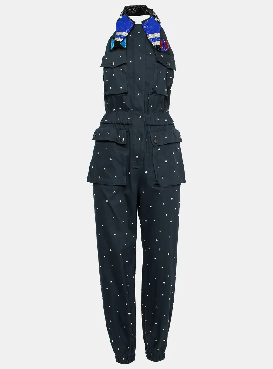 Miu Miu Navy Blue Embellished Cotton Bead Embroidered Halter Neck Jumpsuit S