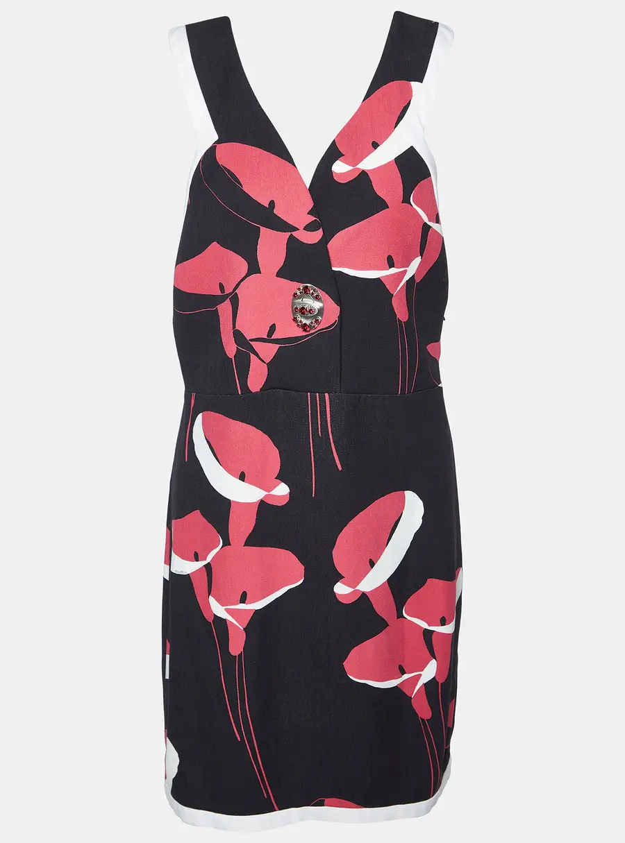 Miu Miu Black Floral Print Cady Turn Lock Detail Sleeveless Dress M