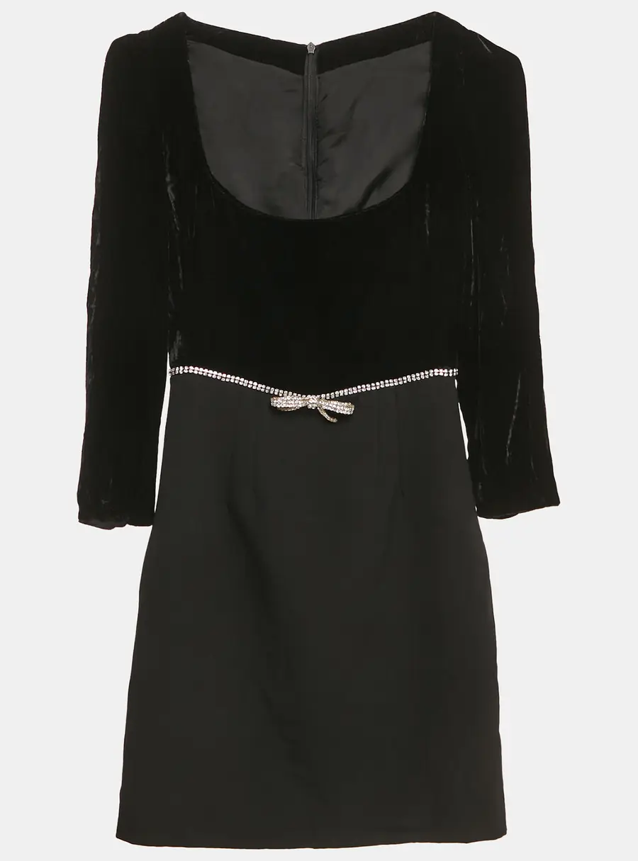 Miu Miu Black Velvet and Wool Crystal Bow Detail Mini Dress XS