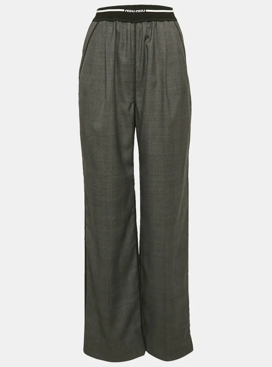 Miu Miu Grey Logo Ribbed Waistband Wool Trousers S