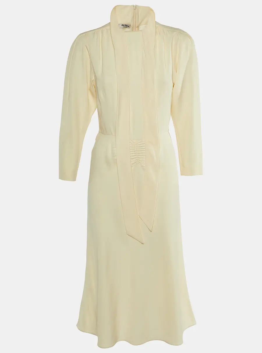 Miu Miu Cream Crepe Neck Tie Detail Midi Dress M
