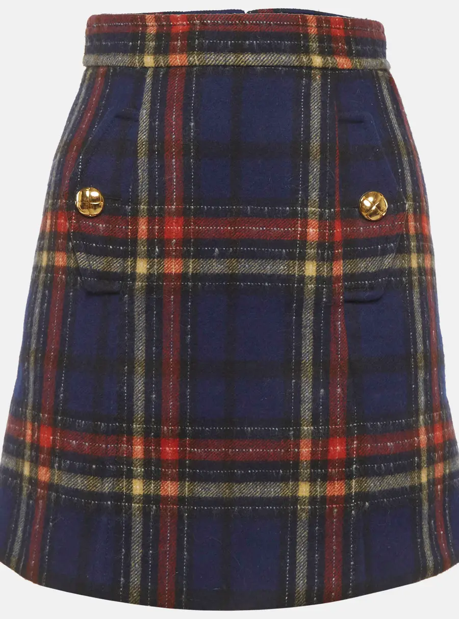 Miu Miu Navy Blue/Red Plaid Wool Mini Skirt XS