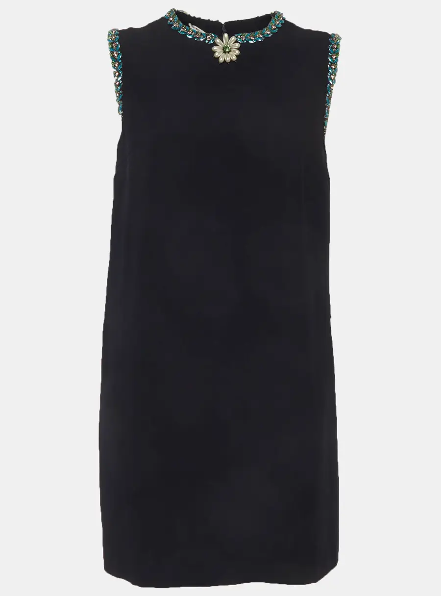 Miu Miu Navy Blue Crepe Embellished Sleeveless Dress M