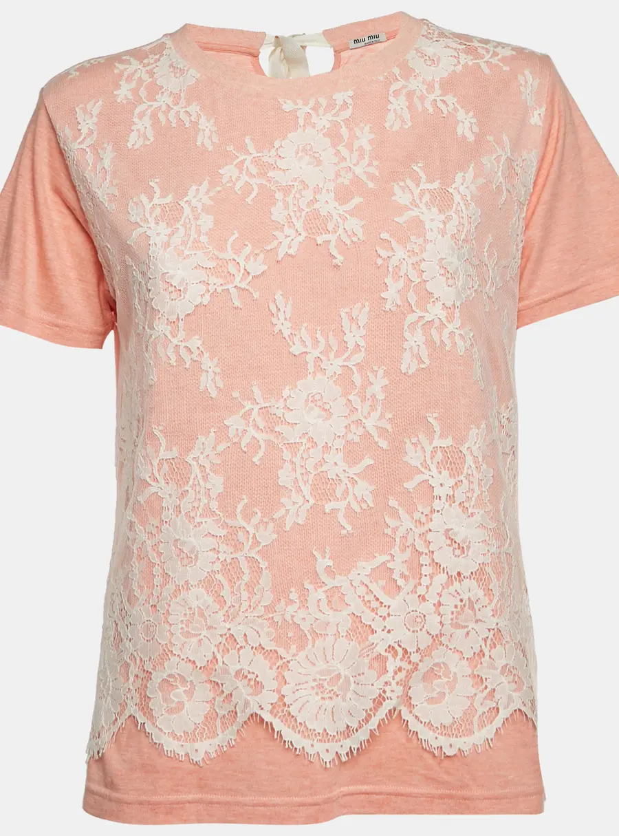Miu Miu Peach Jersey Lace Front T-Shirt M