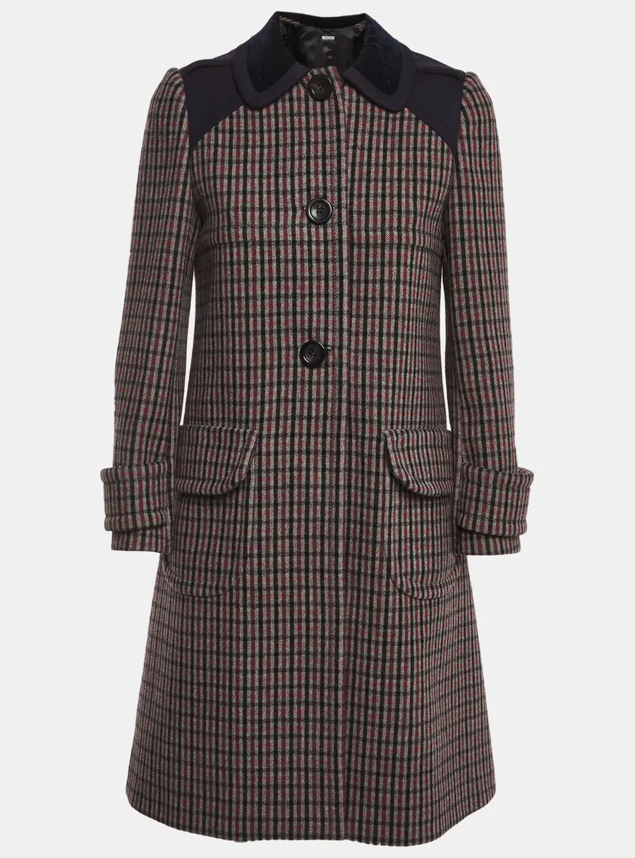 Miu Miu Check Pattern Wool Blend Single Breasted Coat M