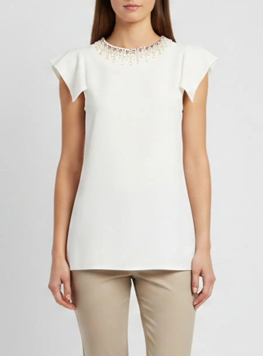 Miu Miu White Embellished Crepe Short Sleeve T-Shirt M