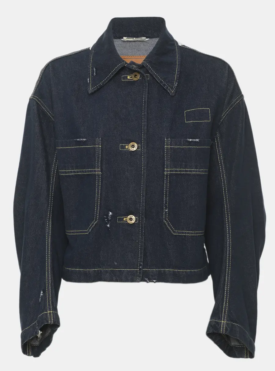 Miu Miu Navy Blue Distressed Denim Lace Details Jacket S