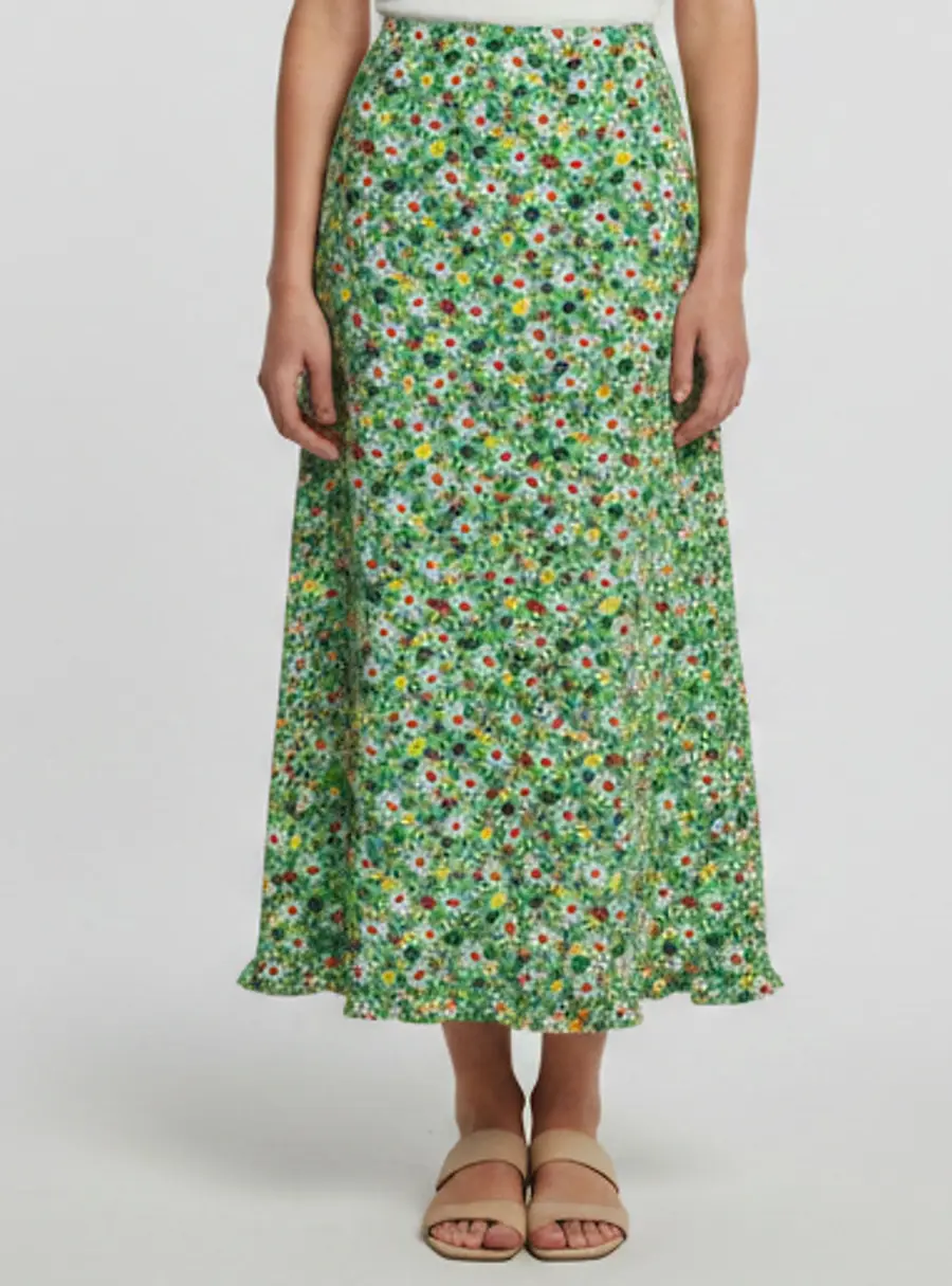 Miu Miu Green Botanical Marocain Crepe Midi Skirt M
