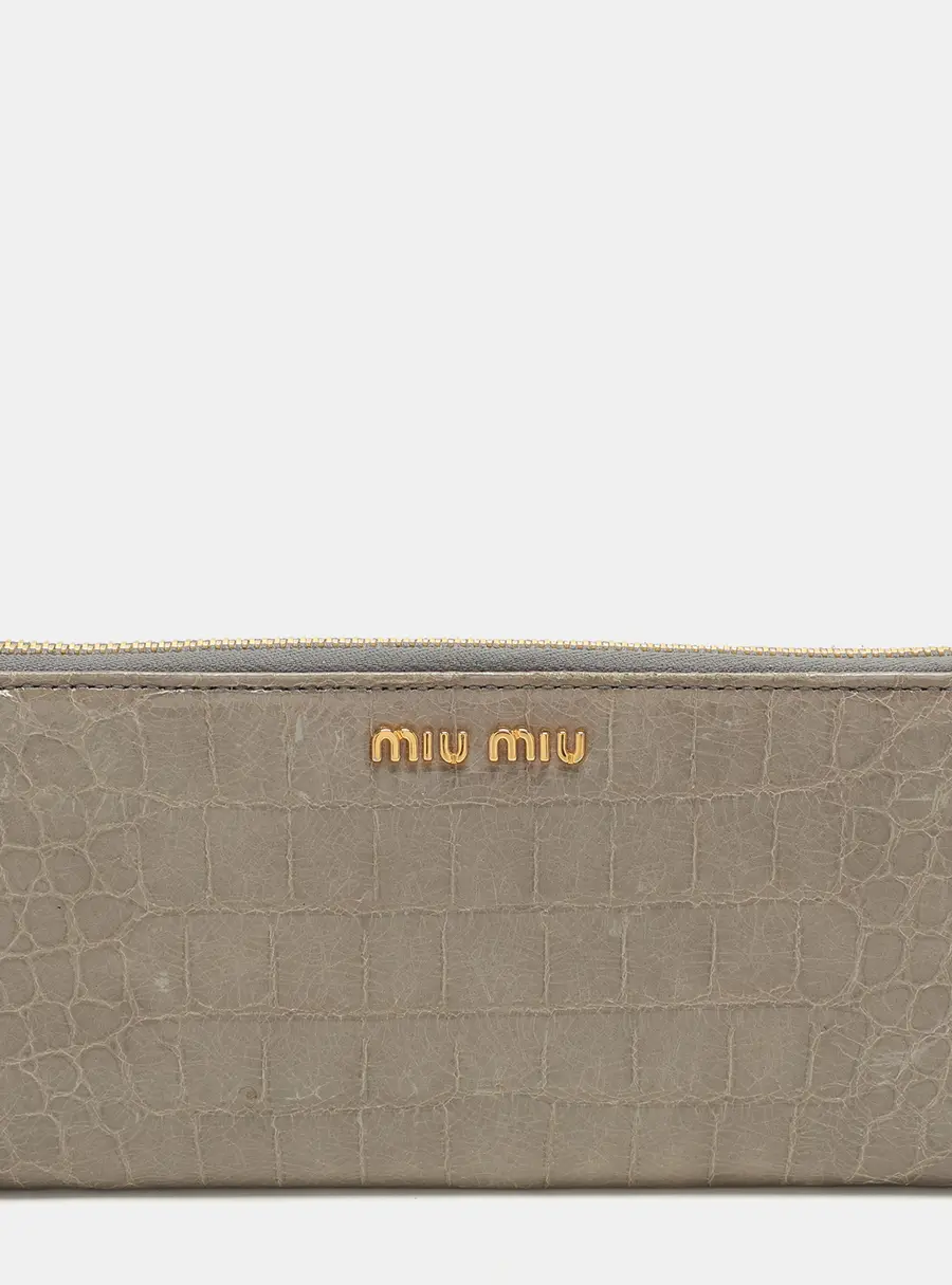 Miu Miu Grey Crocodile Embossed Leather Zip around Wallet