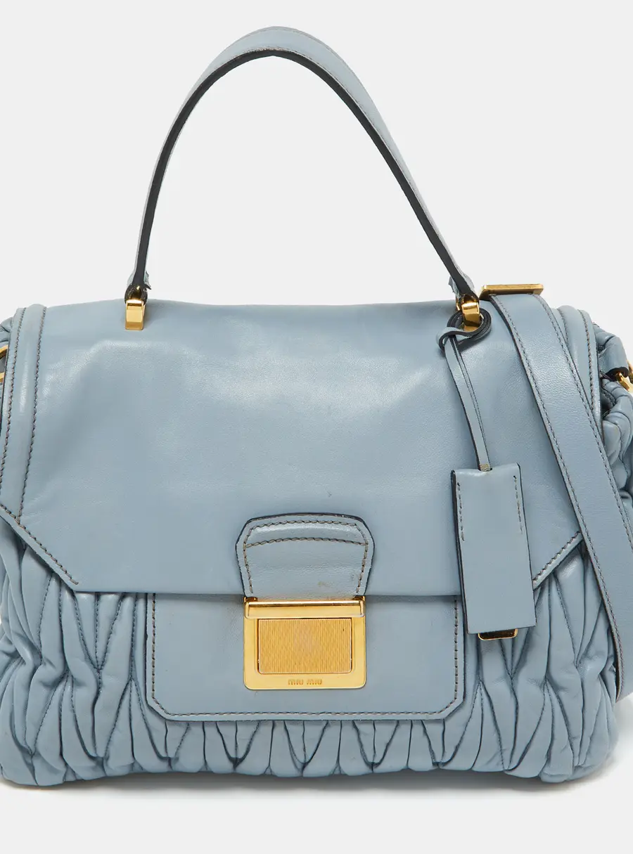 Miu Miu Light Blue Leather Matelass&eacute; Flap Top Handle Bag