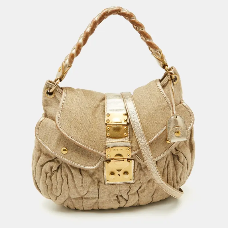 Miu Miu Coffer Medium Beige Leather and Linen Satchel