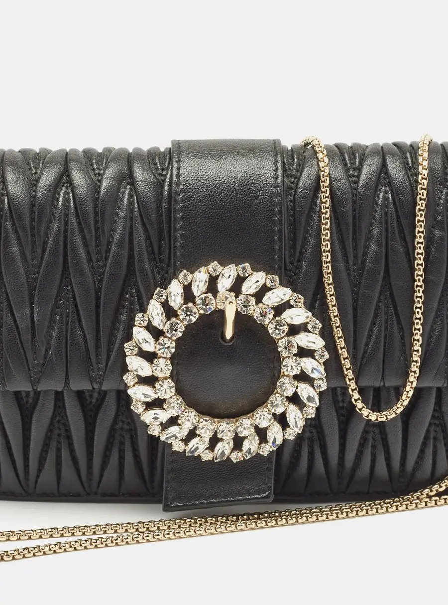Miu Miu Black Matelassé Leather Crystals Buckle Chain Clutch