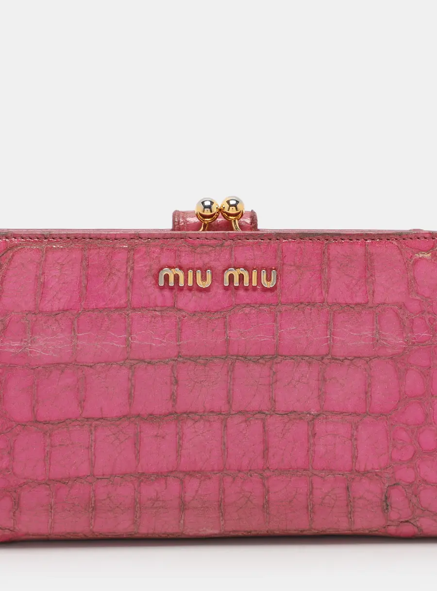 Miu Miu Pink Croc Embossed Patent Leather and Leather Wallets