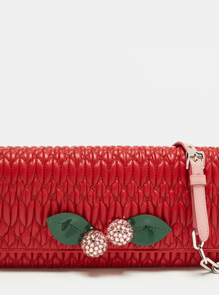 Miu Miu Crystal Embellished Red Matelassé Leather Wallet On Chain