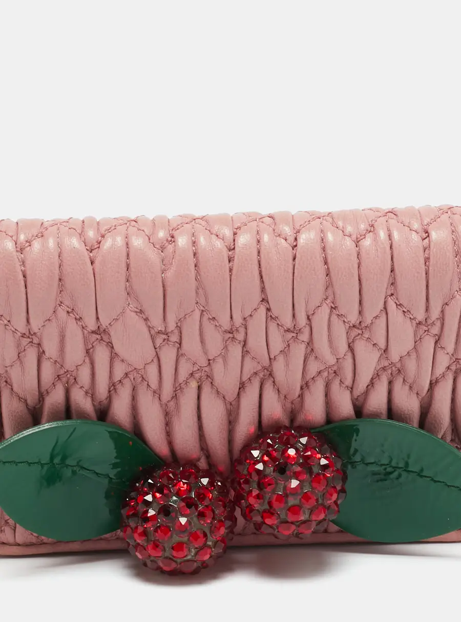 Miu Miu Crystal Embellished Pink Matelass&eacute; Leather Flap Card Case