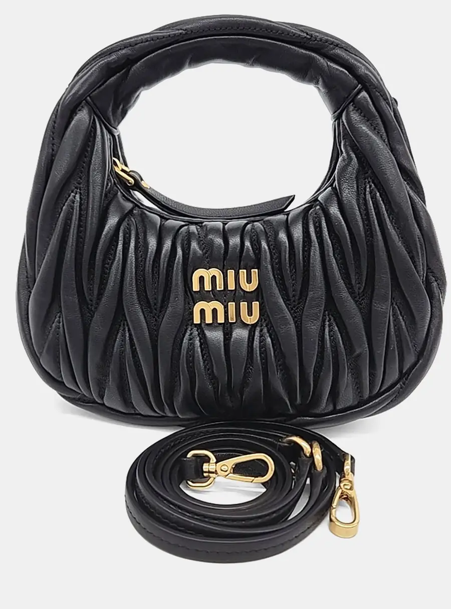 Miu Miu Black Leather Wander Matrasse Mini Hobo Bag