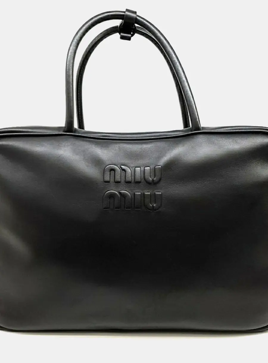 Miu Miu Black Leather Miu Miu Embossed Logo Bowling Bag (5BB117)