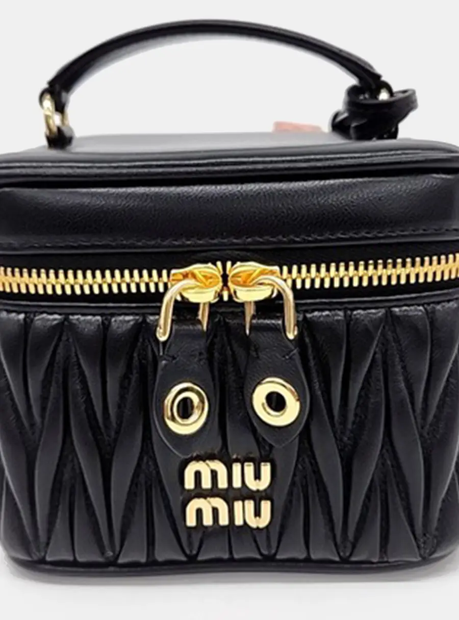 Miu Miu Black Leather Matrasé Top Handle Tote Bag