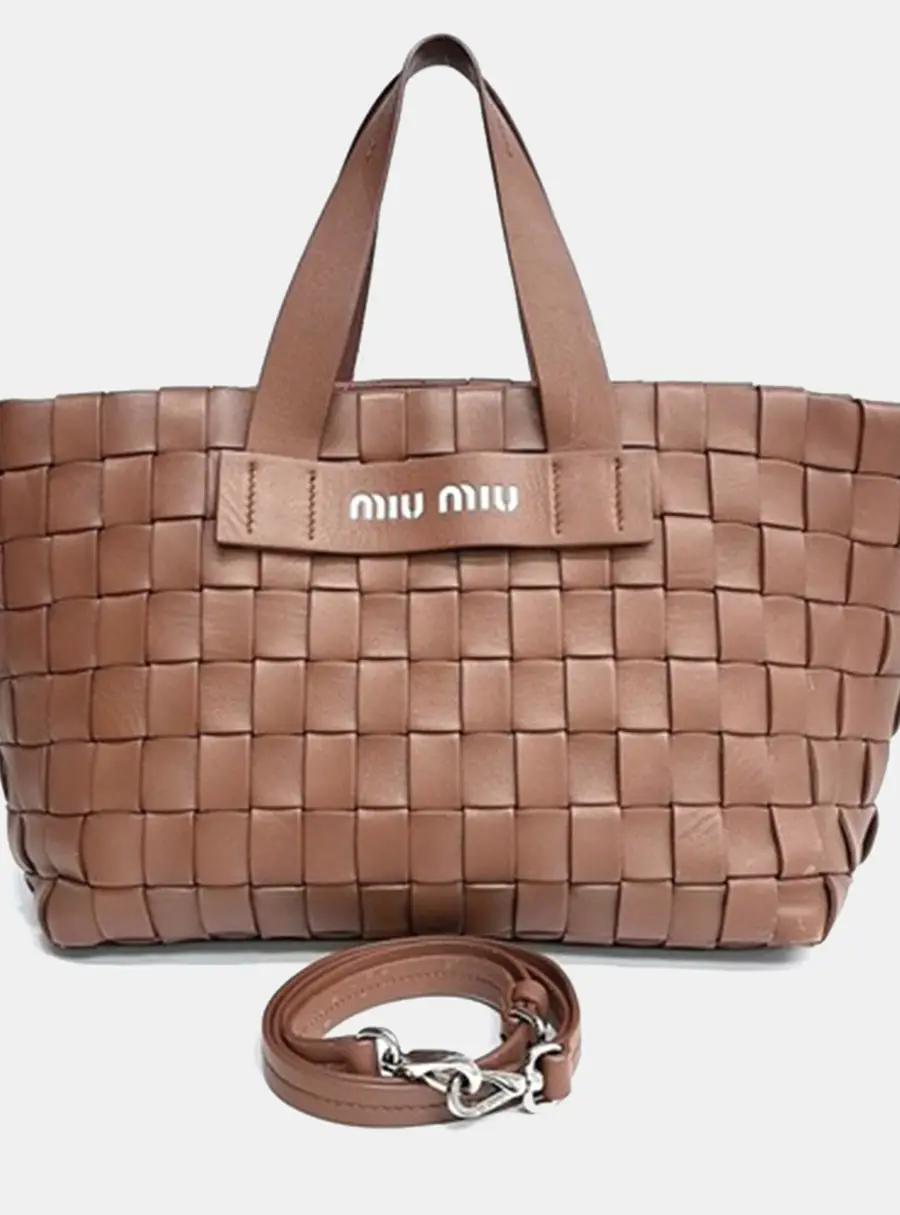 Miu Miu Brown Woven Leather Tote and Shoulder Bag