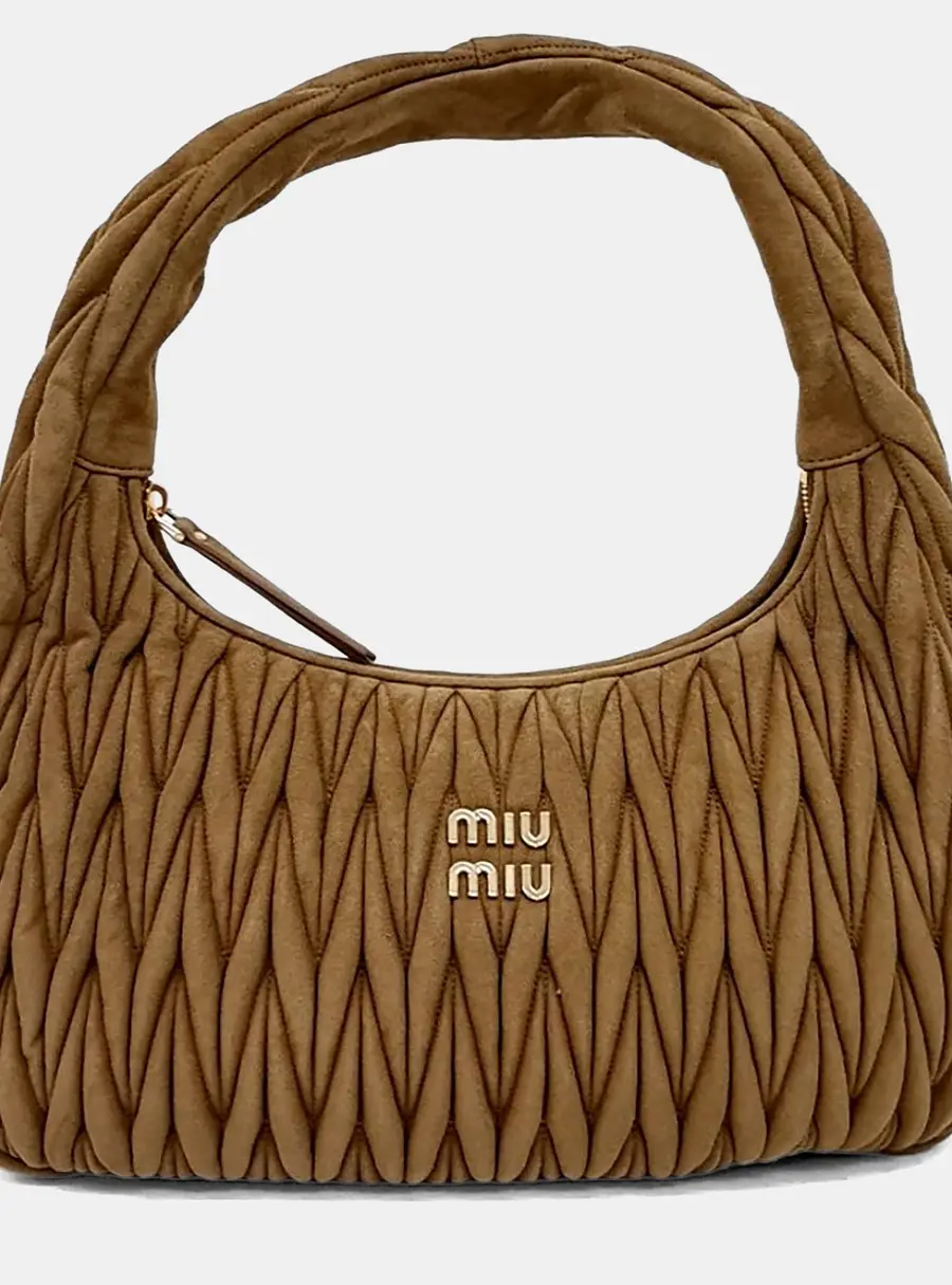 Miu Miu Wander Matelasse Small Brown Suede Hobo Bag