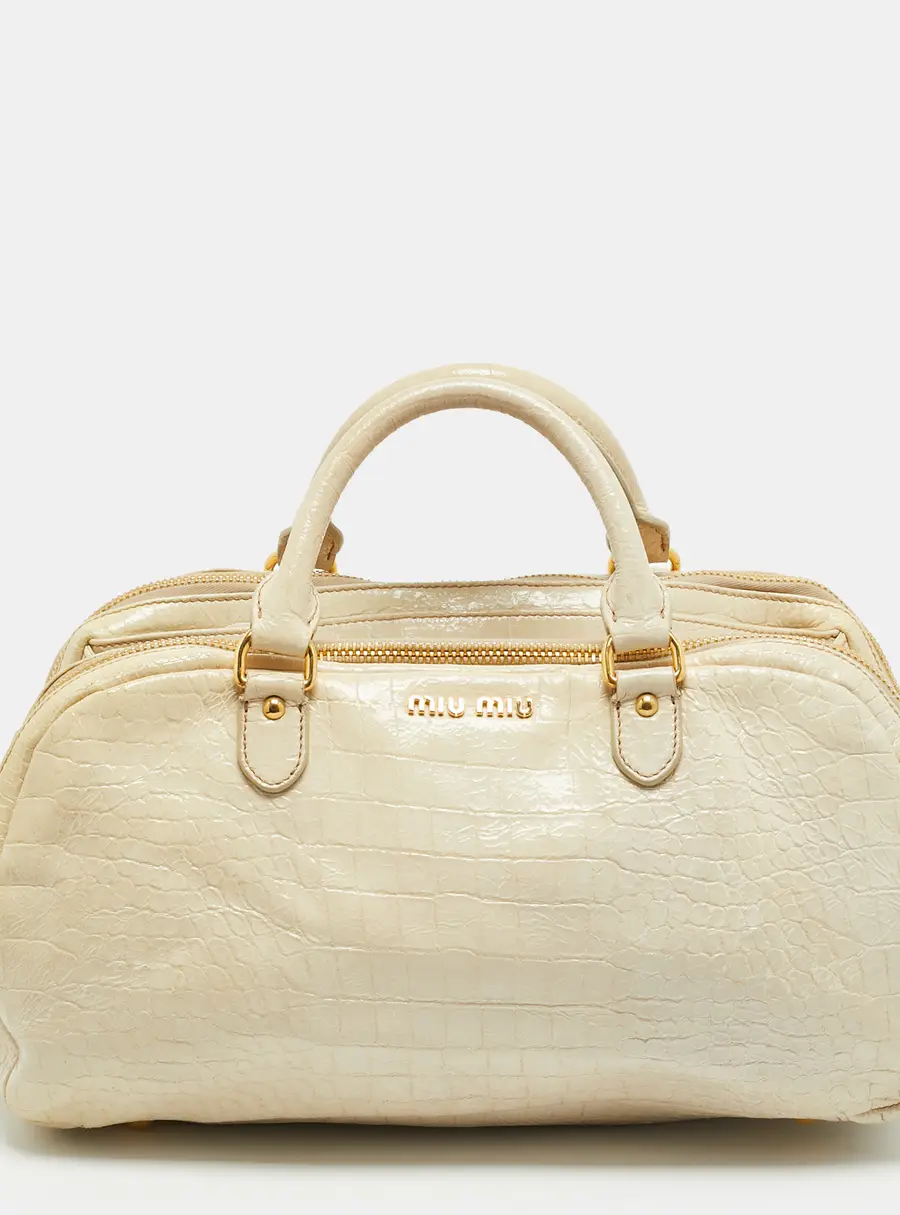 Miu Miu Triple Zip Cream Croc Embossed Patent Leather Satchel
