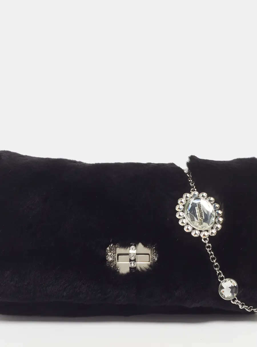 Miu Miu Crystal Cloqué Black Rabbit Fur Shoulder Bag